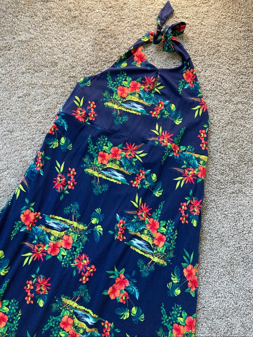 Lands' End blue tropical floral halter maxi dress hibiscus print Low back sz LP